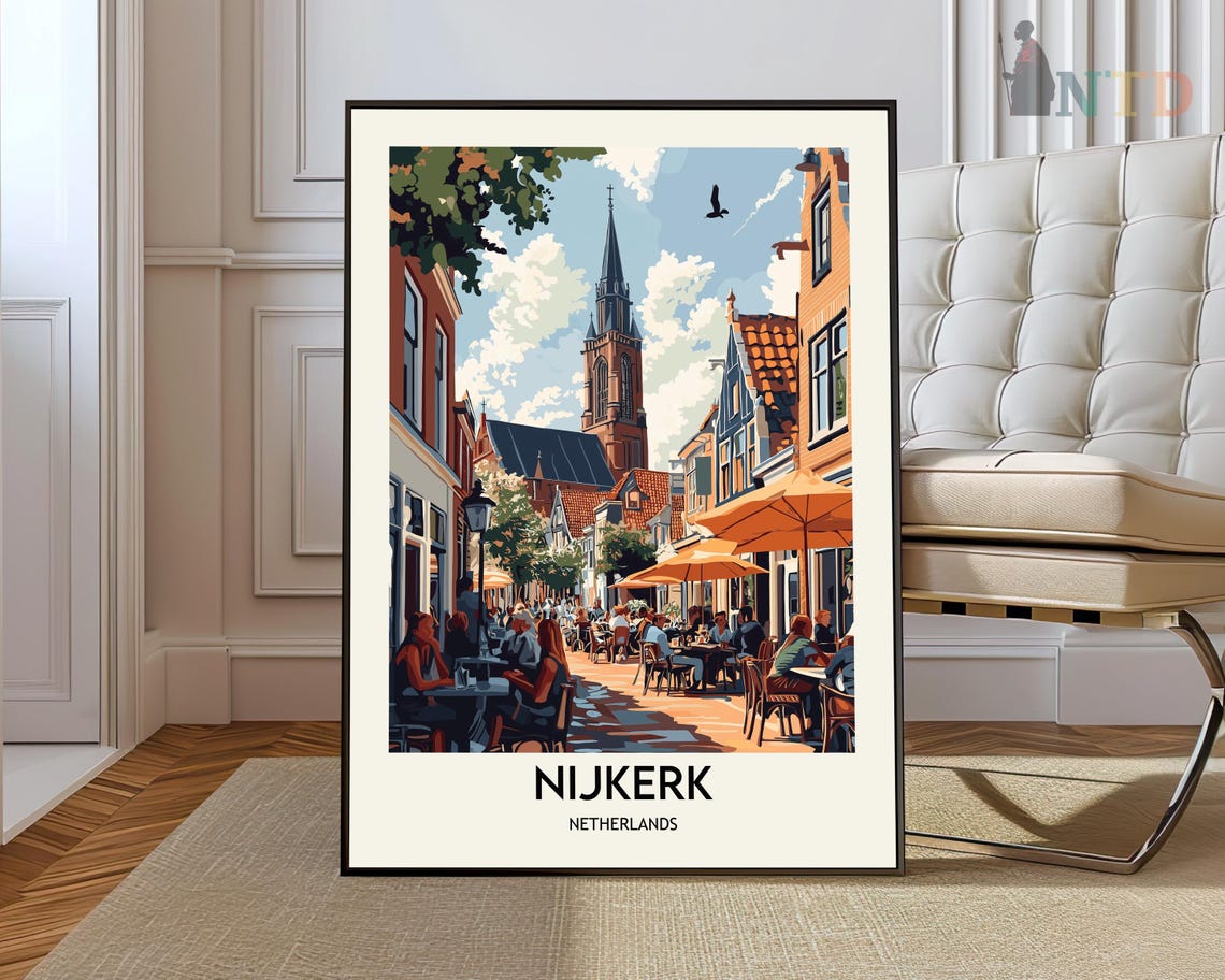 Nijkerk Netherlands Church Tower Sunny Cafe Street Travel Art Poster