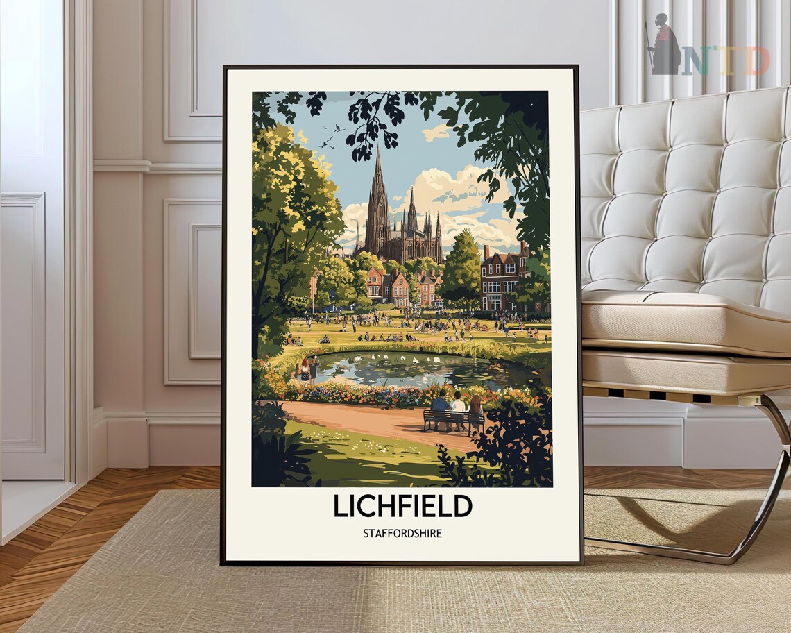 Lichfield Cathedral Park Pond Staffordshire England Travel Poster