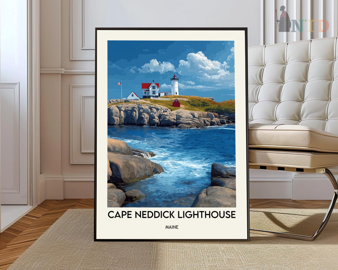 Cape Neddick Lighthouse Rocky Shore Maine Coastal Travel Poster