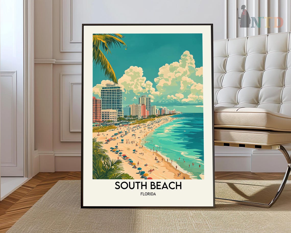 South Beach Miami Florida Retro Beach Umbrellas Ocean Travel Poster