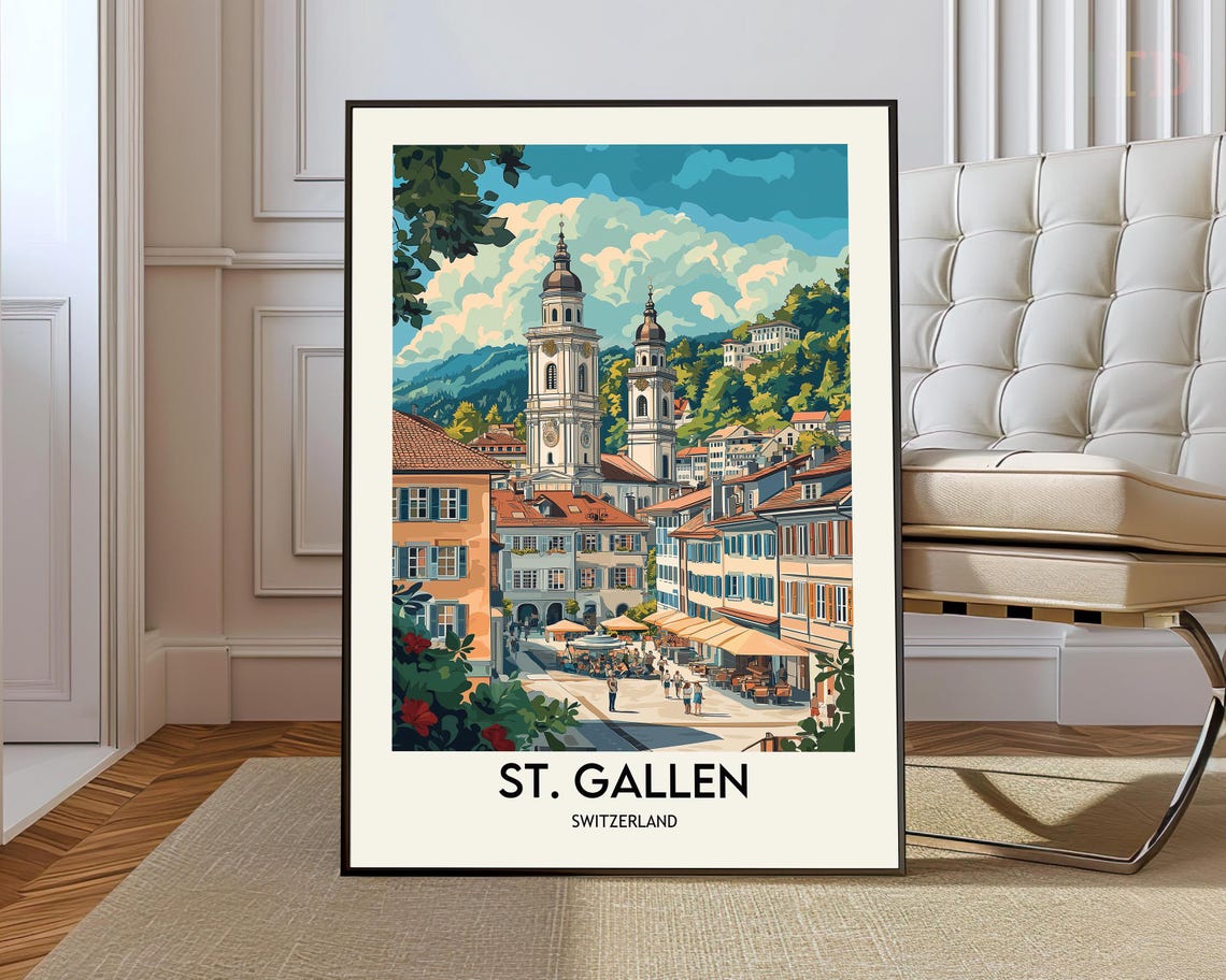 St Gallen Switzerland Twin Church Towers Old Town Travel Poster