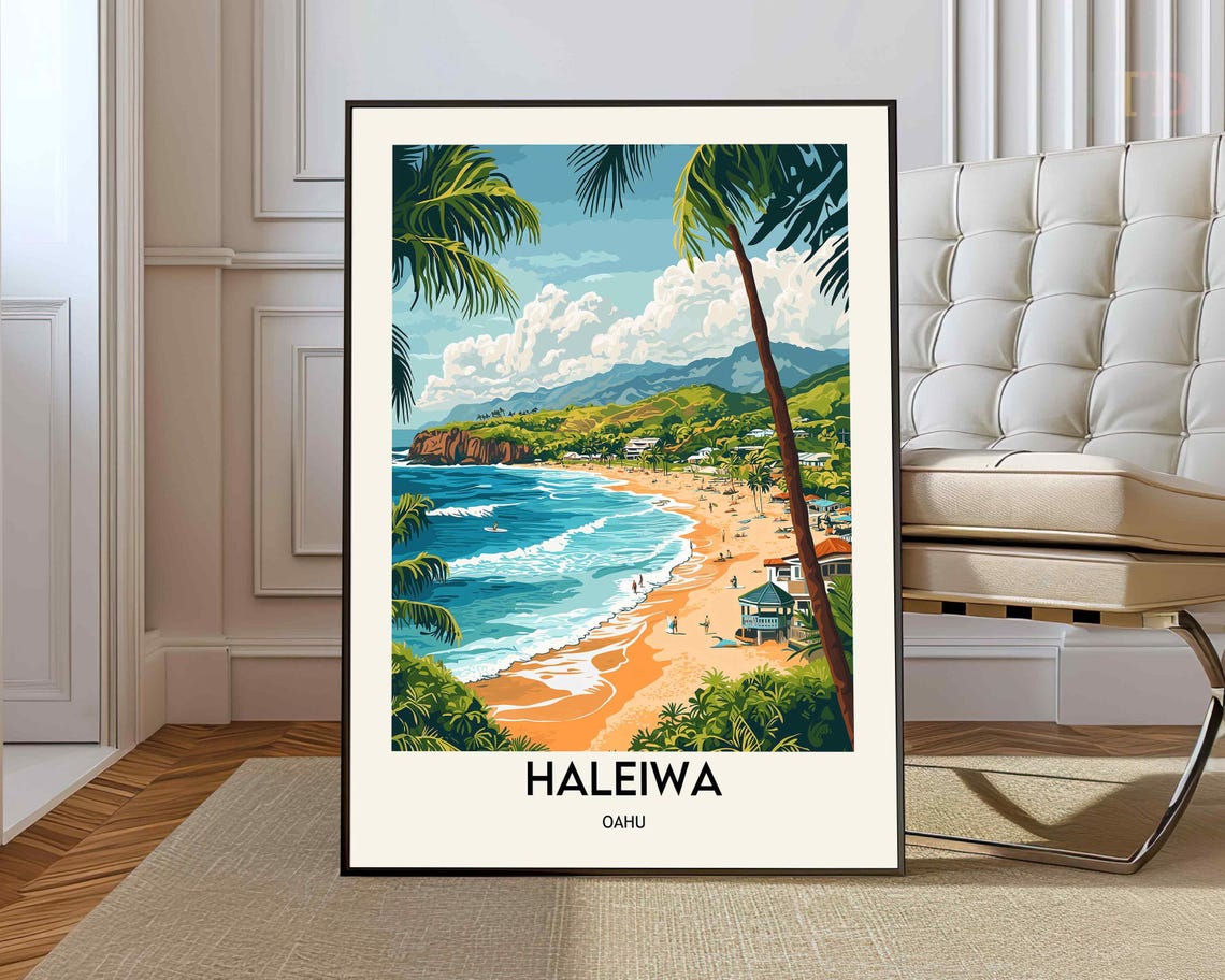 Haleiwa Oahu Hawaii Surf Beach Palm Coast Vintage Style Travel Poster