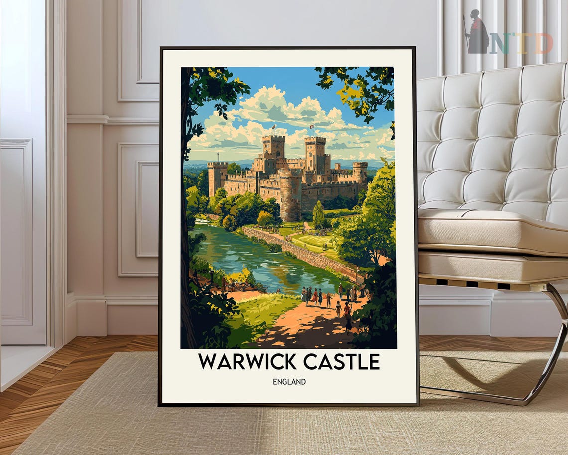 Warwick Castle England Riverside Fortress Vintage Travel Poster