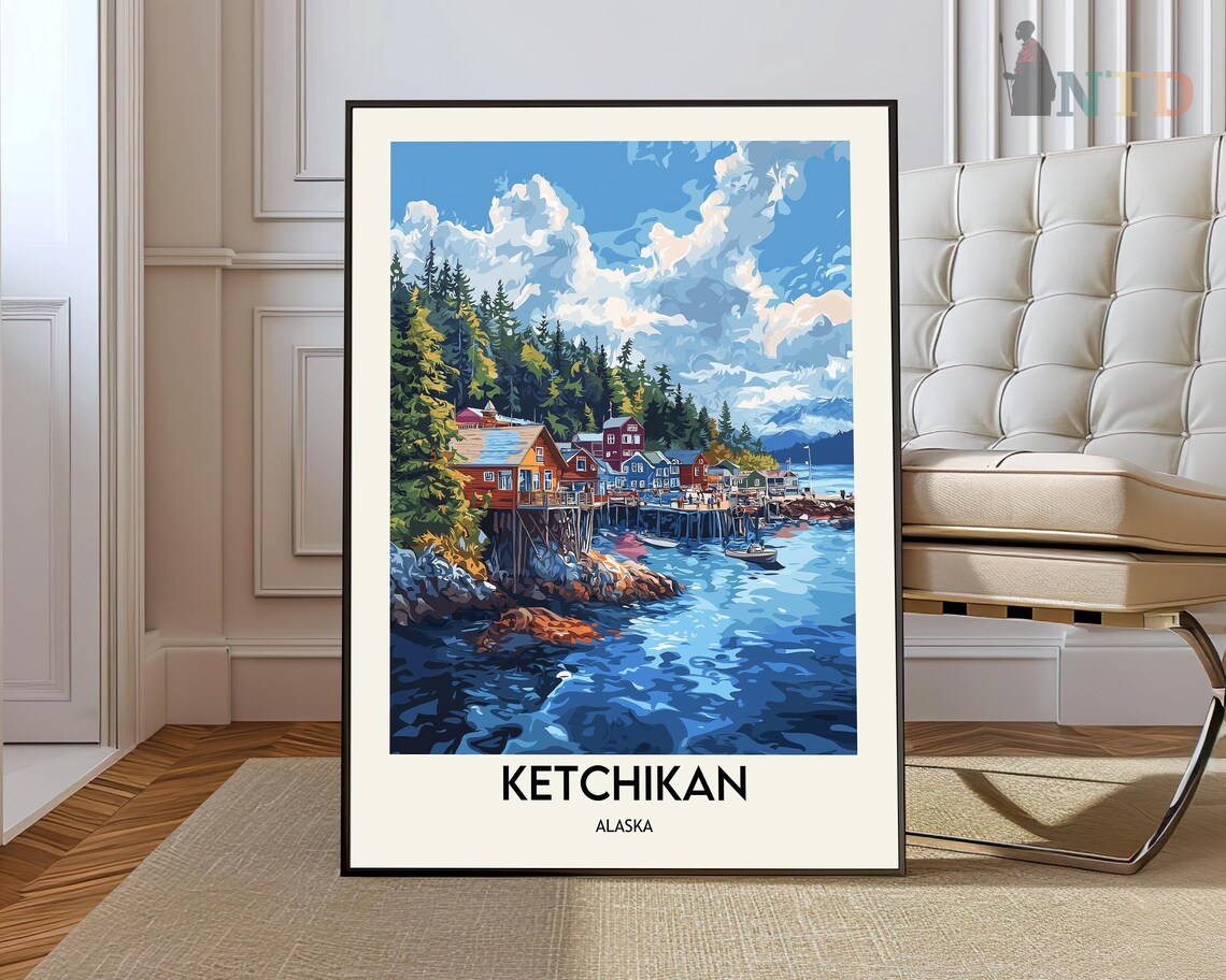 Ketchikan Alaska Harbor Boats Fishing Town Vintage Travel Poster