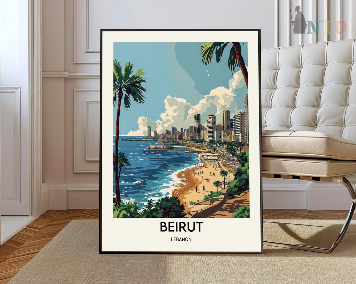 Beirut Lebanon Corniche Beach City Skyline Vintage Travel Poster