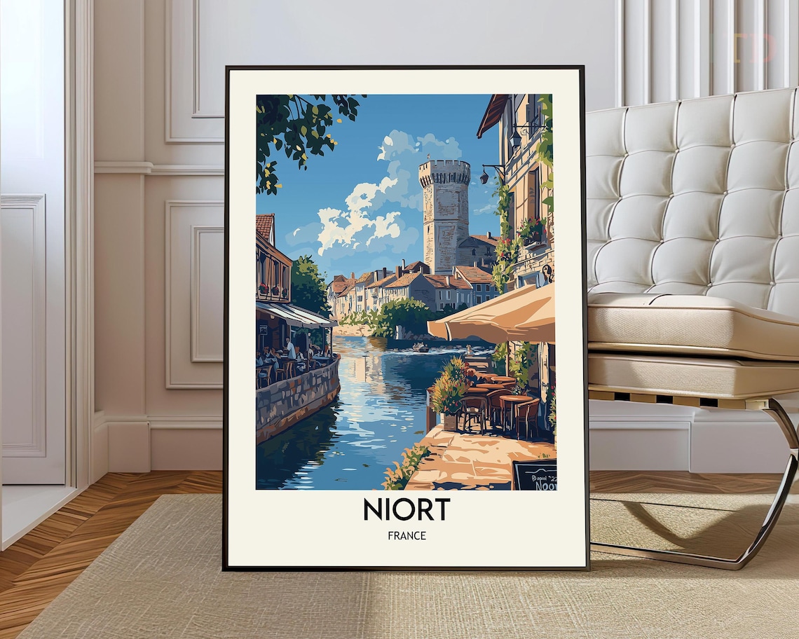 Niort France Riverside Cafes and Medieval Donjon Tower Poster