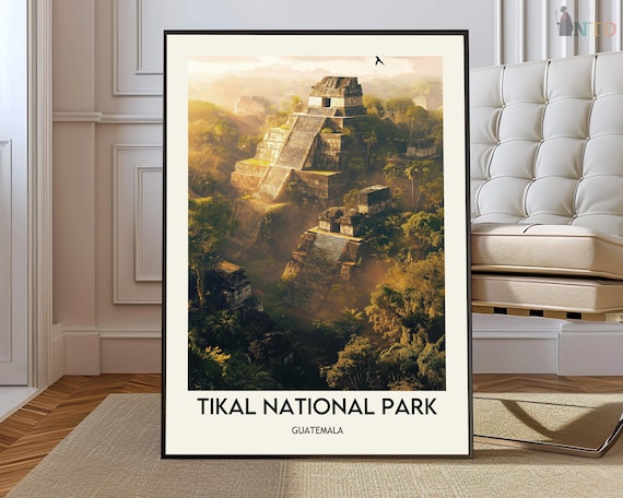 Tikal Guatemala Golden Sunrise Over Mayan Temples Travel Poster