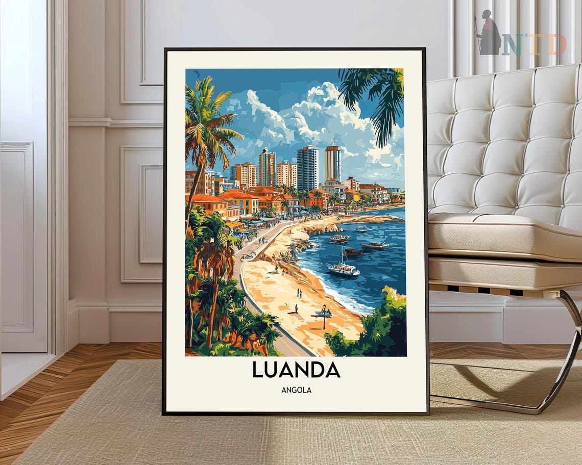 Luanda Angola Beachfront Skyline Palm Trees Vintage Travel Poster