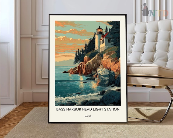 Bass Harbor Head Light Station Maine Sunset Rocky Coast Vintage Poster