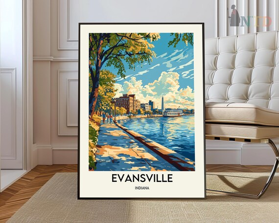 Evansville Indiana Riverfront Promenade Sunny Day Vintage Travel Poster