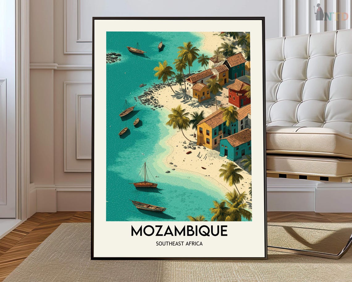 Mozambique Aerial Coastal Village Tropical Illustrated Poster