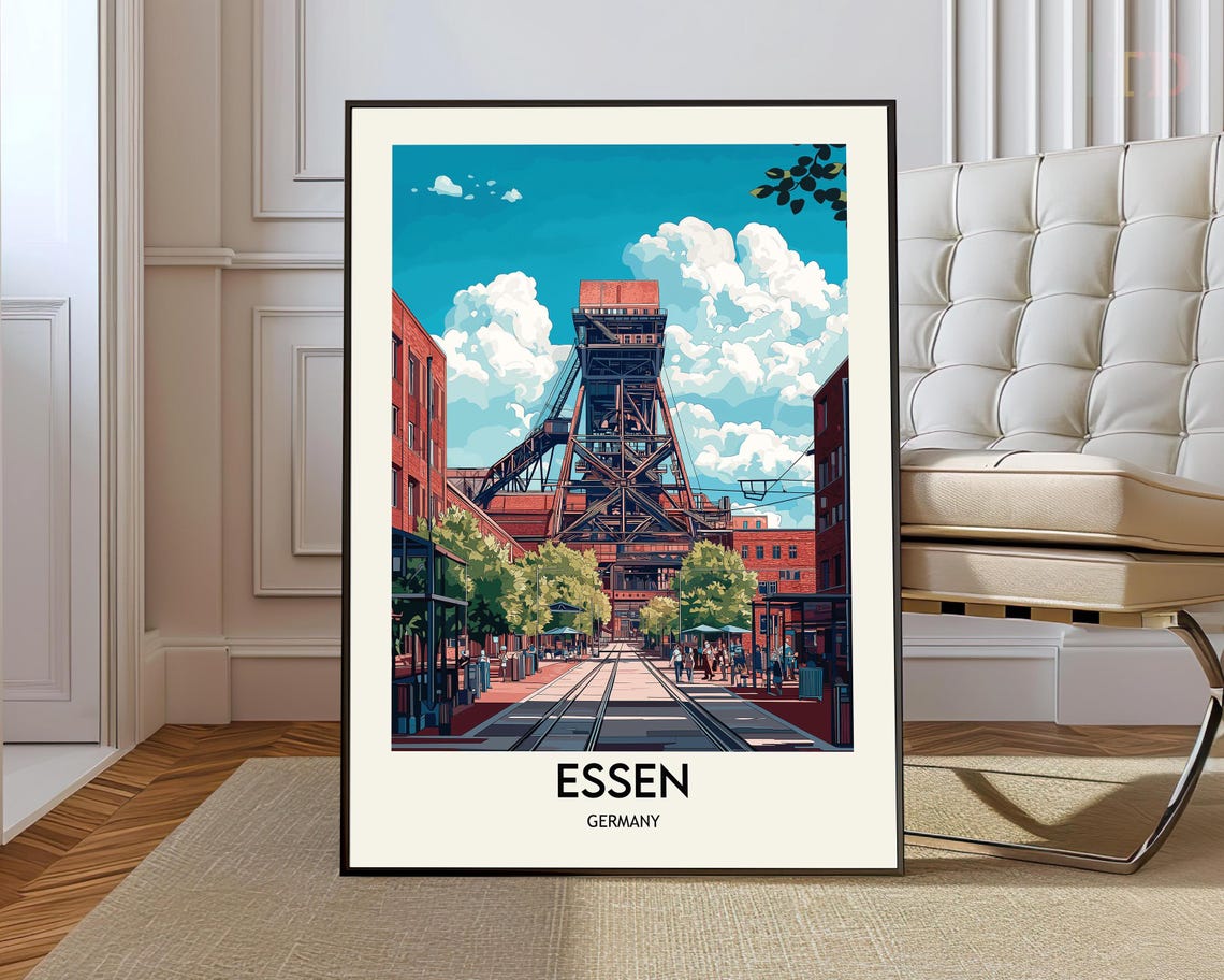 Essen Germany Historic Mining Tower Brick Street Travel Poster