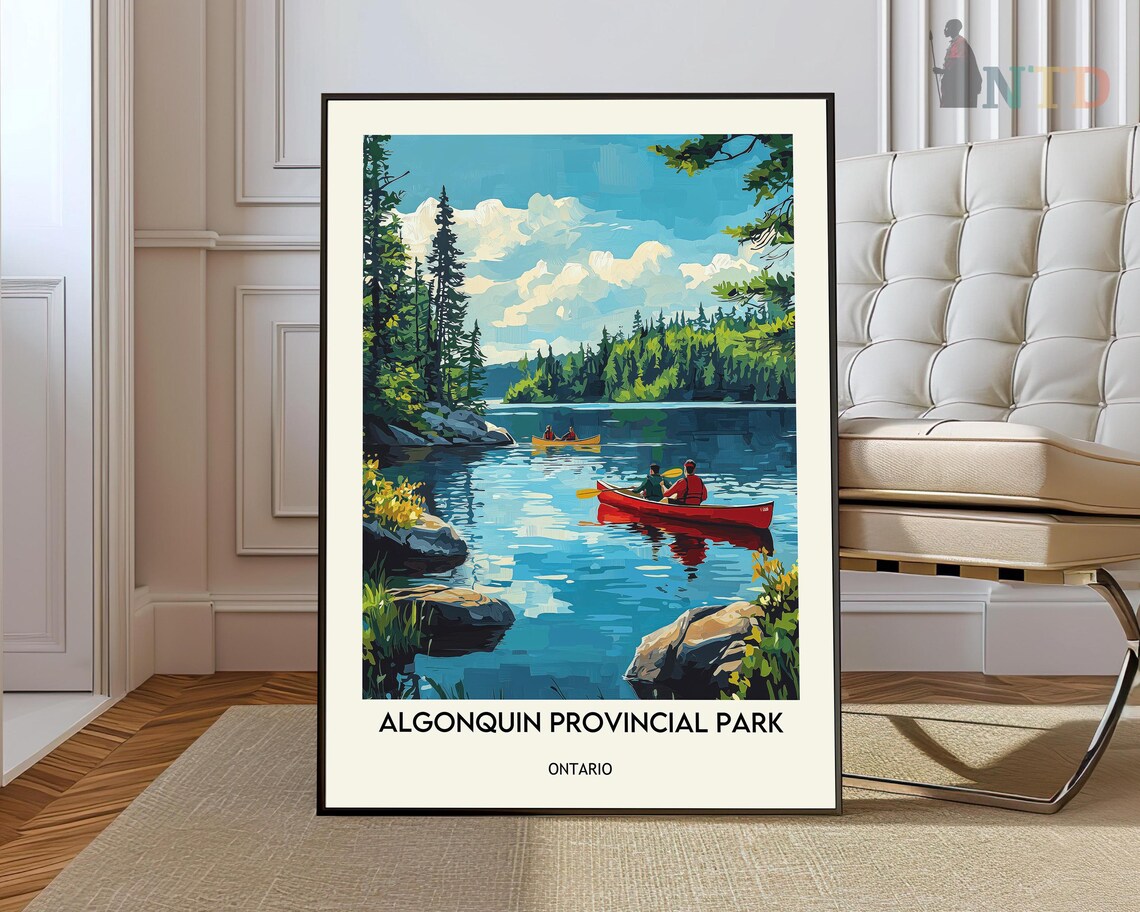 Two Canoes Paddling a Blue Lake Algonquin Park Ontario Travel Poster