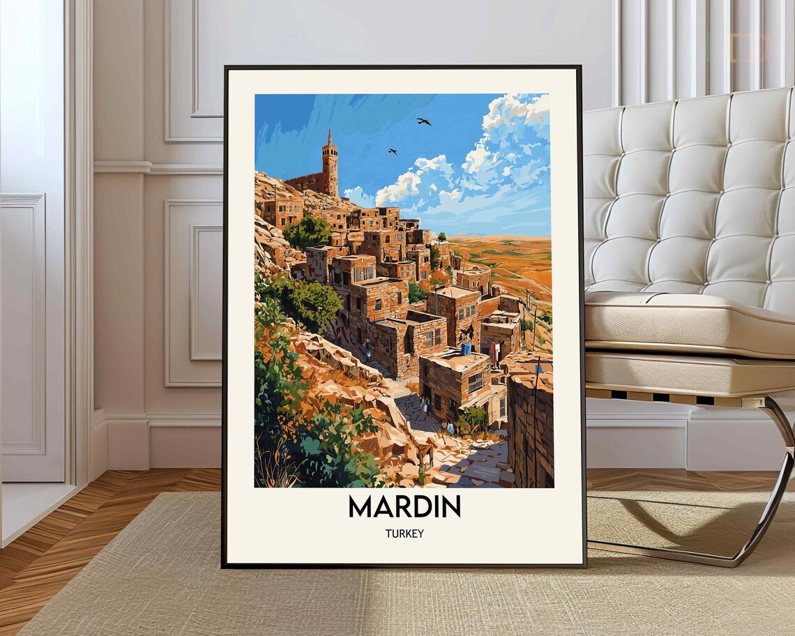 Mardin Turkey Vintage Travel Poster Ancient Stone City Hillside