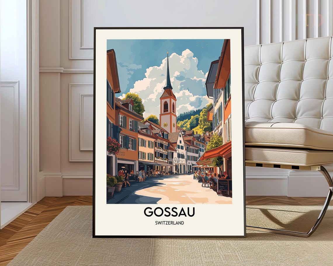 Gossau Switzerland Town Street Travel Poster With Tall Church Spire