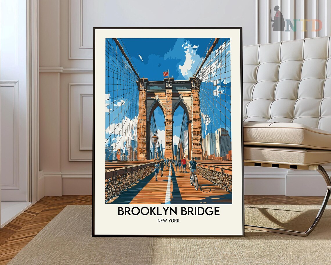 Brooklyn Bridge Tower Walkway New York City Vintage Travel Poster