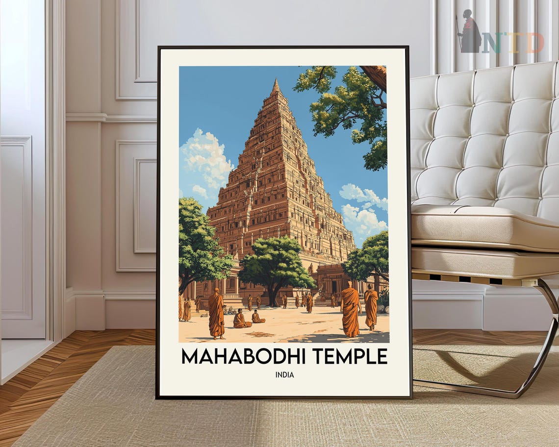 Mahabodhi Temple Bodh Gaya India Illustrated Buddhist Travel Poster