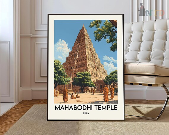 Mahabodhi Temple Bodh Gaya India Illustrated Buddhist Travel Poster