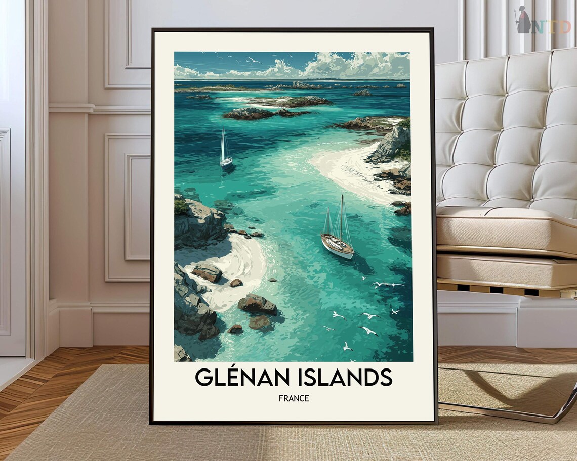 Glenan Islands France Sailboats Turquoise Coast Travel Poster