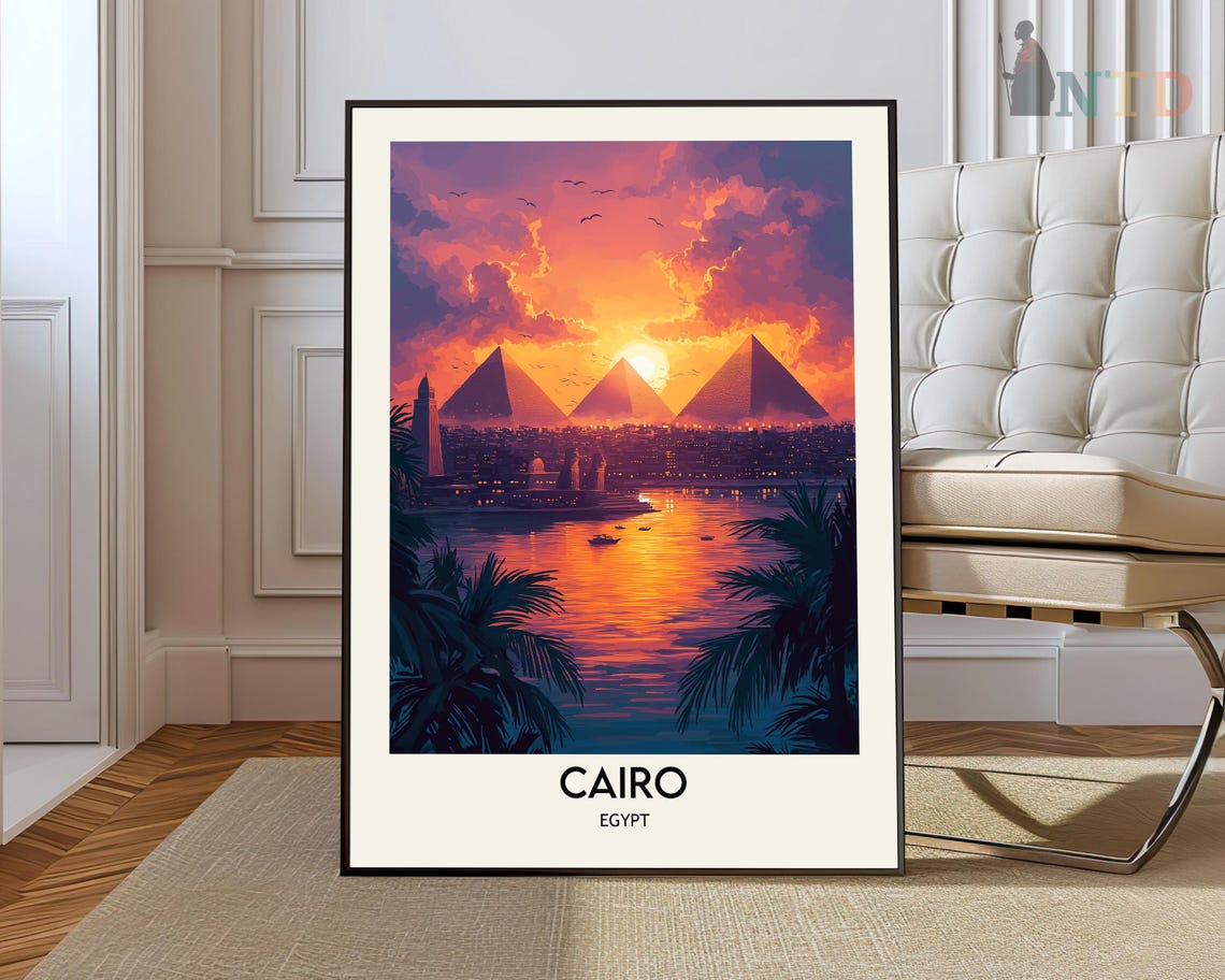 Cairo Pyramids at Dusk Framed by Palm Trees Over the River Poster