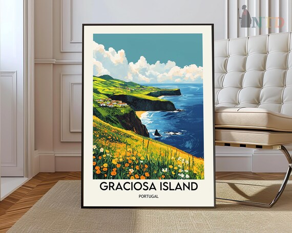 Graciosa Island Portugal Azores Cliff Wildflower Coast Travel Poster