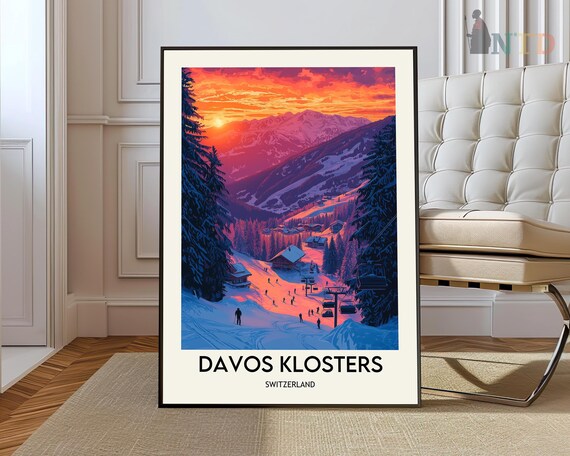 Davos Klosters Switzerland Glowing Sunset Ski Resort Slopes Travel Poster