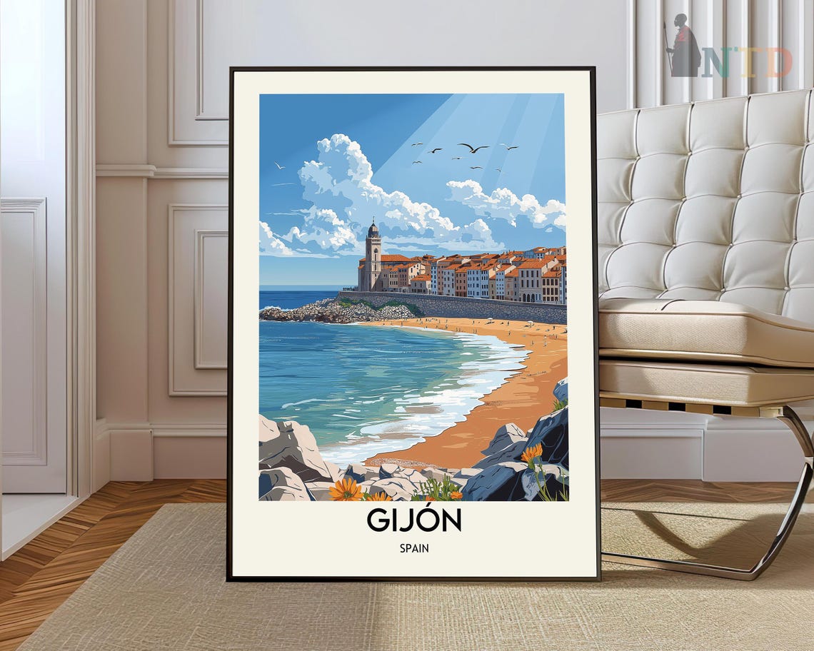 Gijon Spain Beach Old Town Retro Coastal Scenic Travel Poster