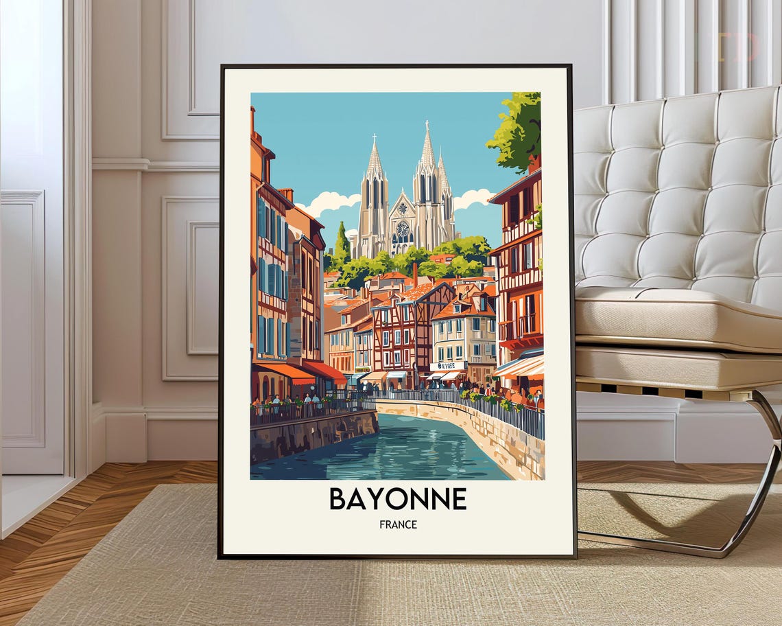 Bayonne France Riverside With the Twin-Spired Cathedral Poster