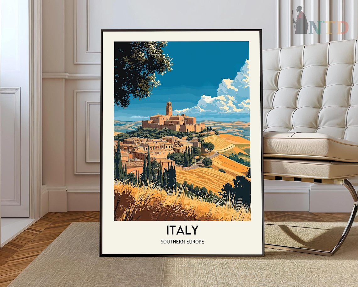 Italy Southern Europe Hilltop Castle Town Golden Fields Travel Poster