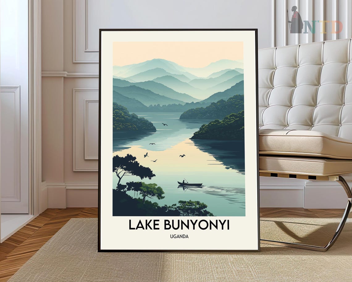 Serene East African Lake Bunyonyi Uganda Misty Canoe Hills Poster