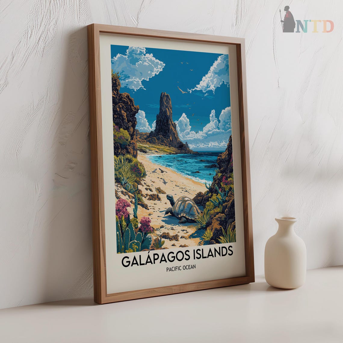 Galapagos Islands Giant Tortoise on a Beach with Pinnacle Rock Poster - Image 2