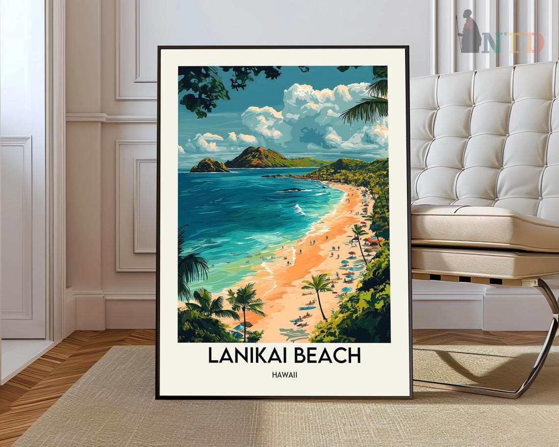 Lanikai Beach Hawaii Turquoise Bay and Palm Tree Travel Poster