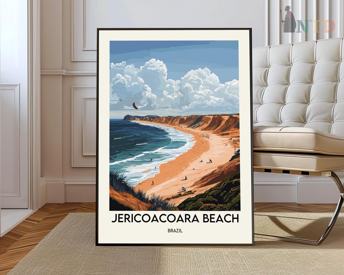 Jericoacoara Beach Brazil Travel Poster with Kitesurfers Waves