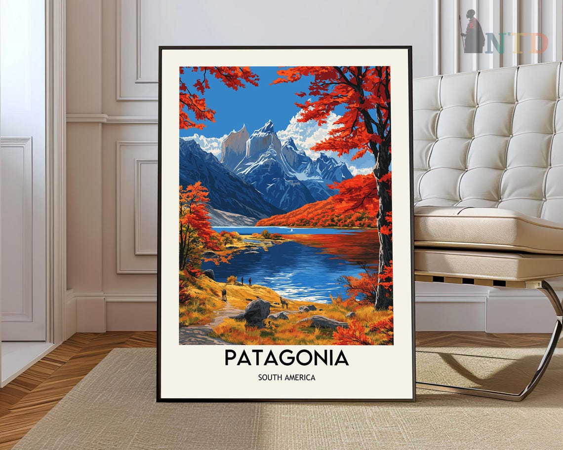 Patagonia South America Autumn Granite Mountains Lake Travel Poster