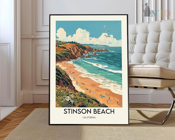 Stinson Beach California Sandy Cove Cliffs Surf Travel Poster