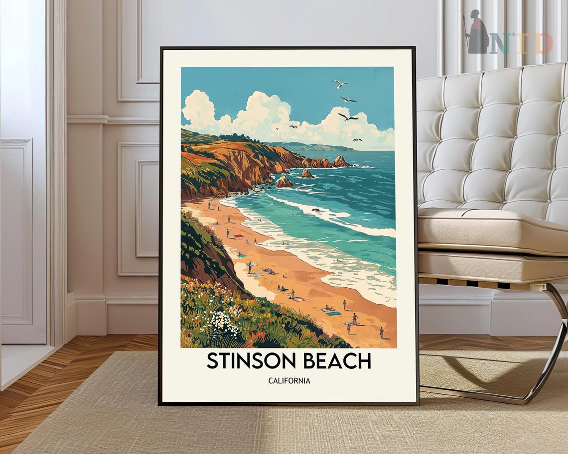Stinson Beach California Sandy Cove Cliffs Surf Travel Poster