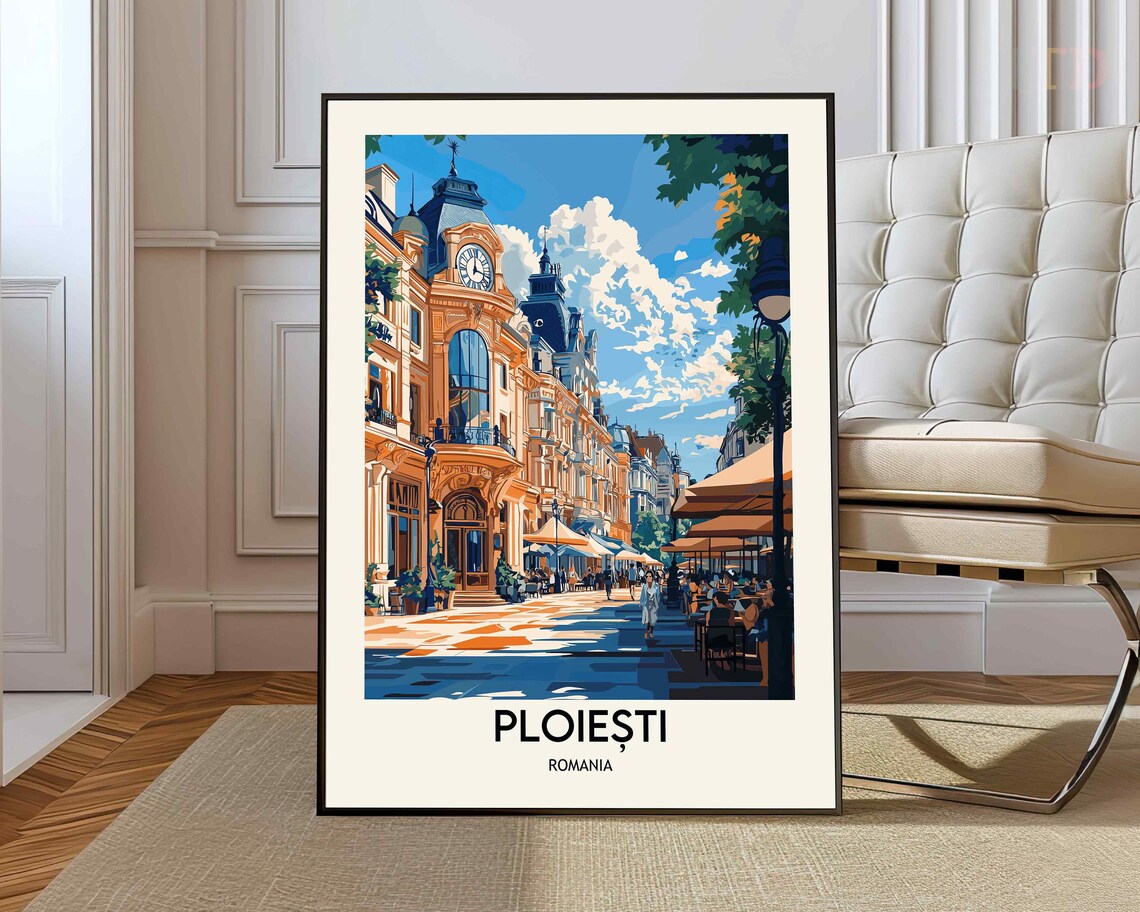 Ploiesti Romania Historic Street Cafe Scene Europe Travel Poster