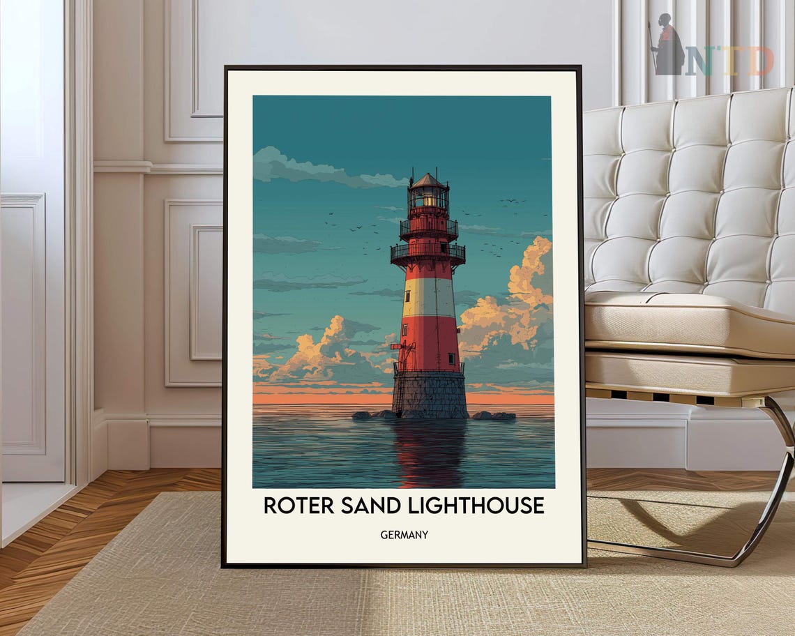 Roter Sand Lighthouse Germany Sunset Ocean Waves Travel Poster
