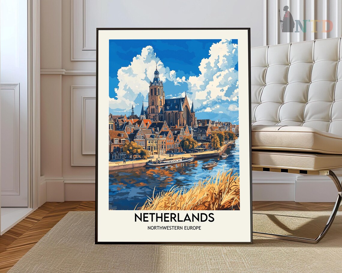 Netherlands Canalside Church Harbor Scenic European Travel Poster
