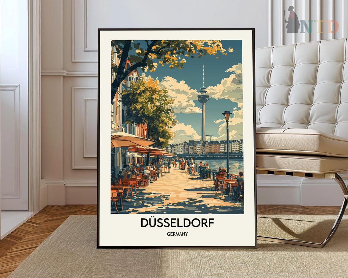 Dusseldorf Germany Rhine River Promenade Tower Cafes Travel Poster
