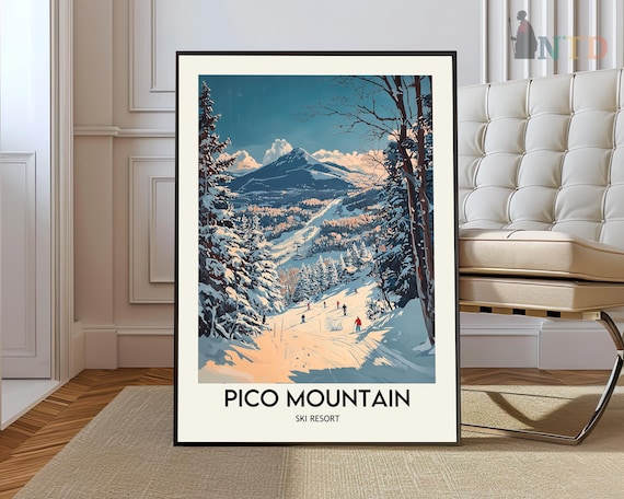 Pico Mountain Ski Resort Sunset Slope Retro Vermont Travel Poster
