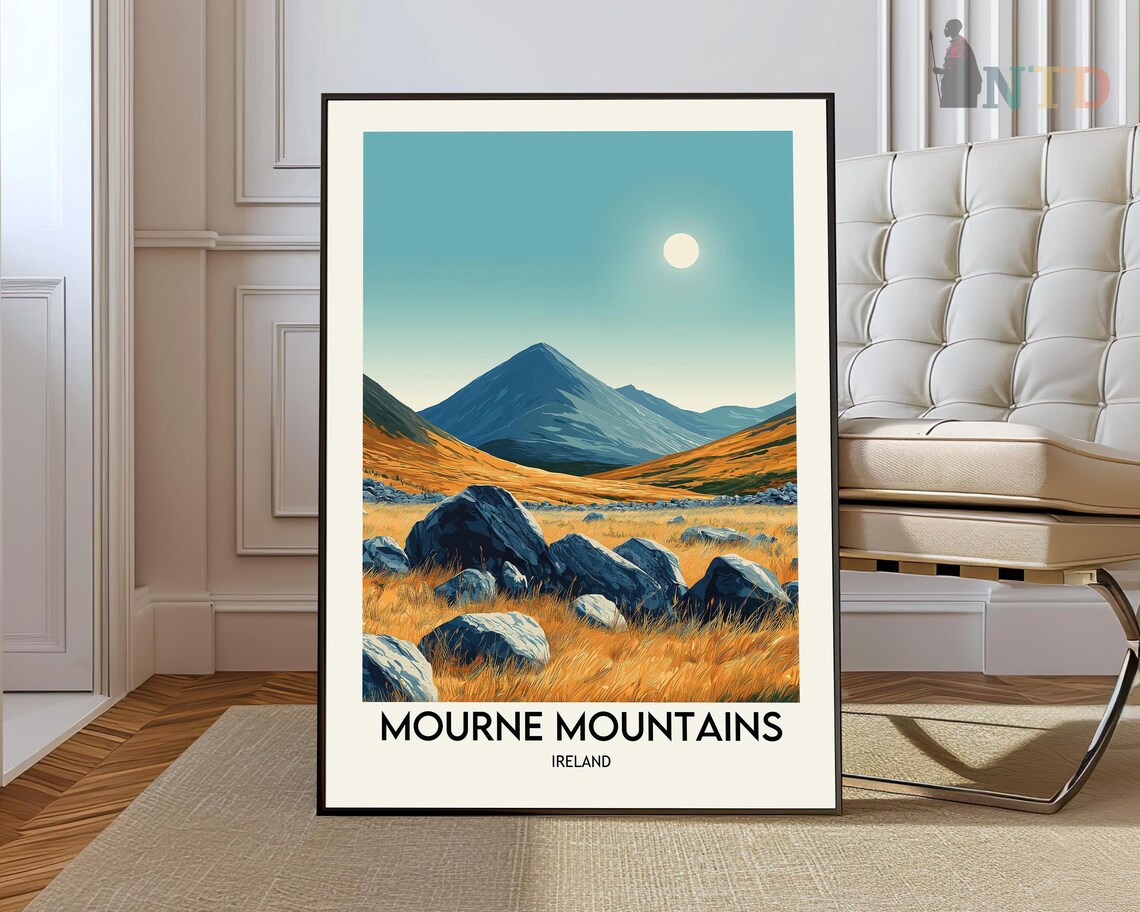 Mourne Mountains Ireland Rocky Moorland Golden Sun Travel Poster