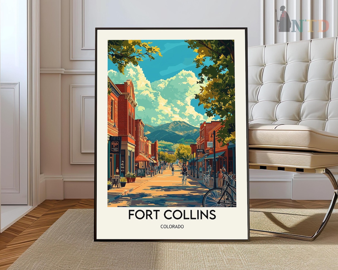 Fort Collins Colorado Historic Old Town Street Mountains Travel Poster