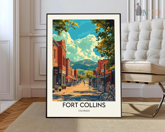 Fort Collins Colorado Historic Old Town Street Mountains Travel Poster