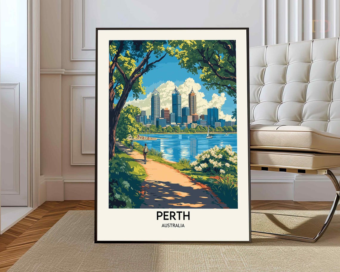 Perth Australia Skyline Riverside Park Scene Retro Travel Poster