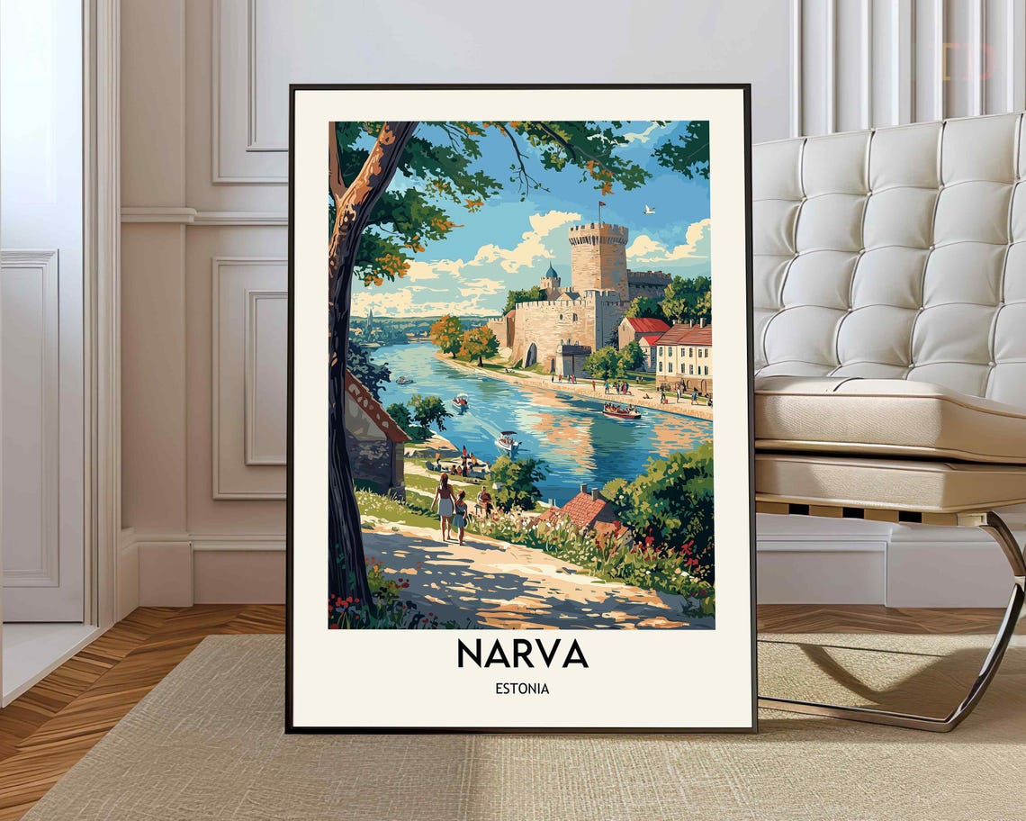 Narva Estonia Riverside Castle Historic Old Town Travel Poster
