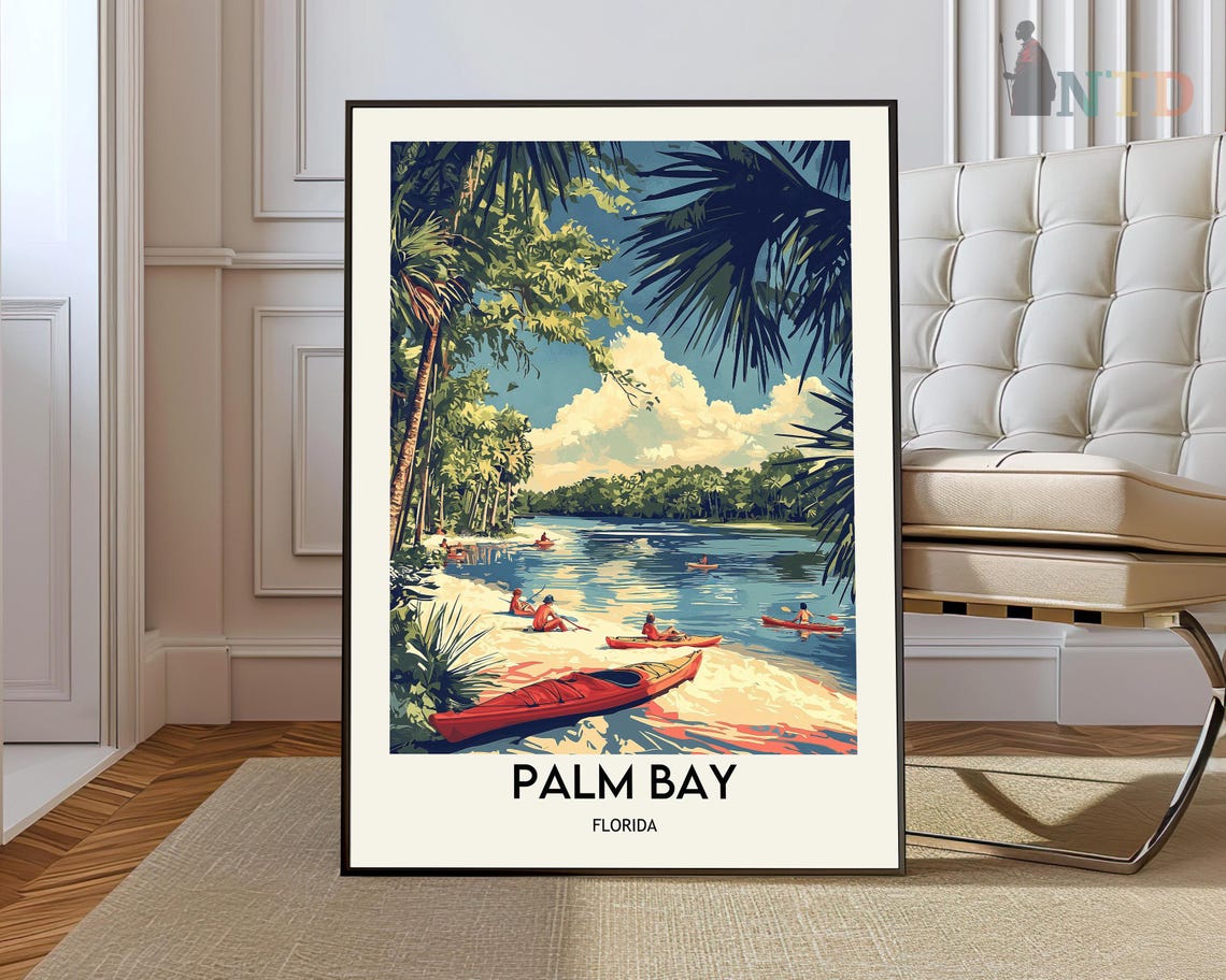 Palm Bay Florida Kayak River Vintage Style Coastal Travel Poster