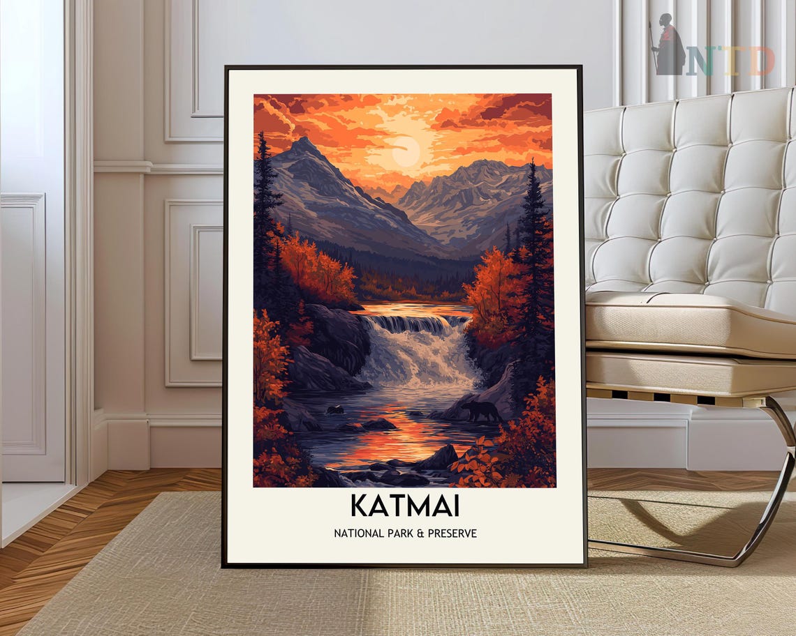 Katmai National Park Sunset Waterfall Mountains Bear Art Poster