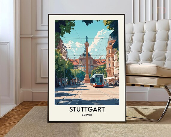Stuttgart Germany Vintage Travel Poster Tram Street With Jubilee Column