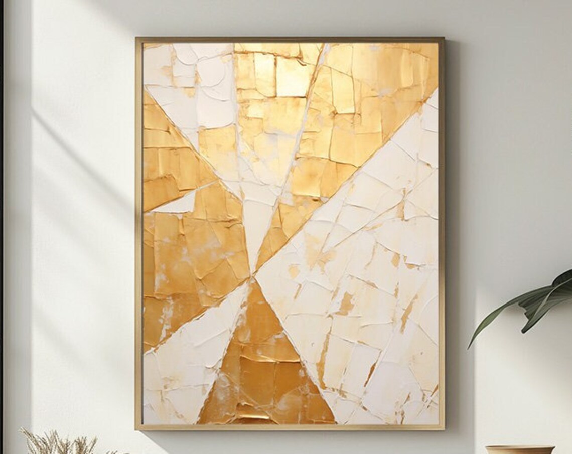 Gold And White Cracked Texture Abstract Painting Modern Art Poster
